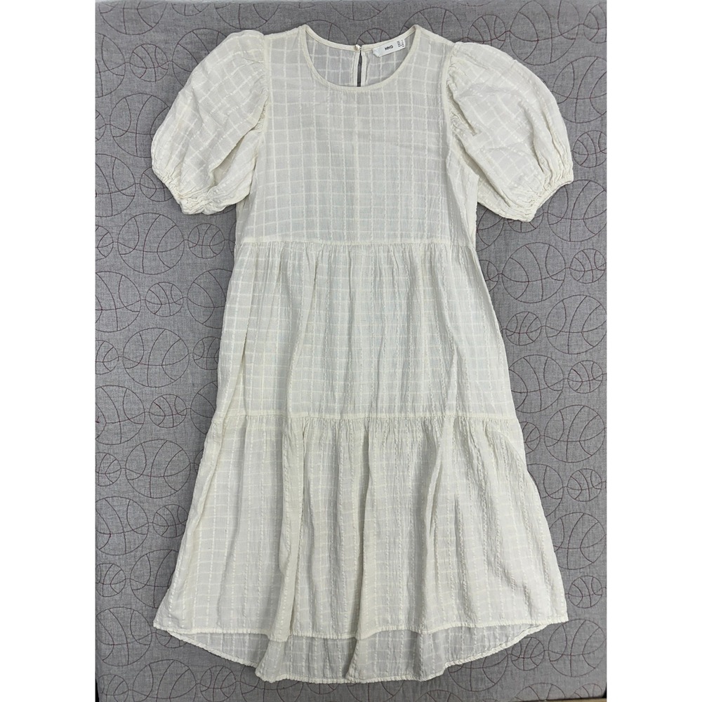 MNG Mango Dress White Plaid Puff Sleeve Tiered / Women's Small